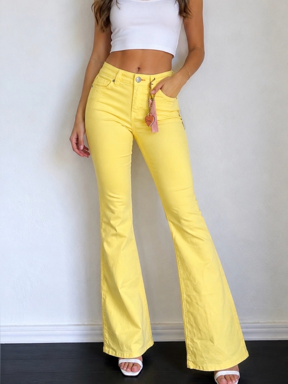 Dittos Yellow Flare Jeans with Heart Keychain new with tags